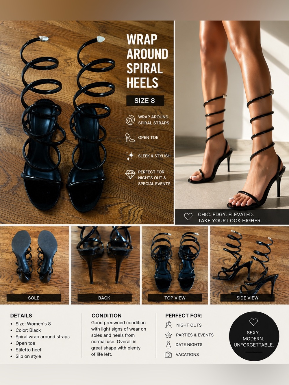 Black Spiral Wrap Stiletto Heels - Women's Size 8